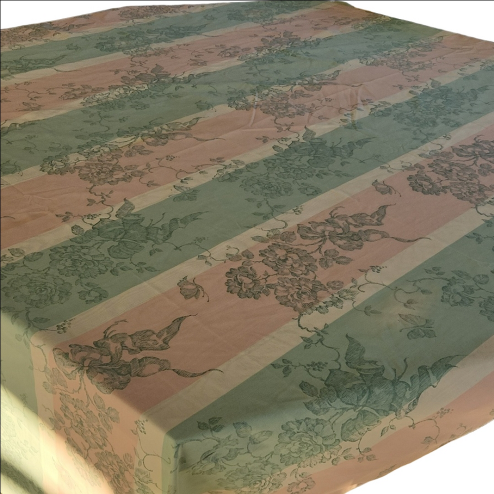 Vintage Itailian Floral Striped Tablecloth in Pink and Green